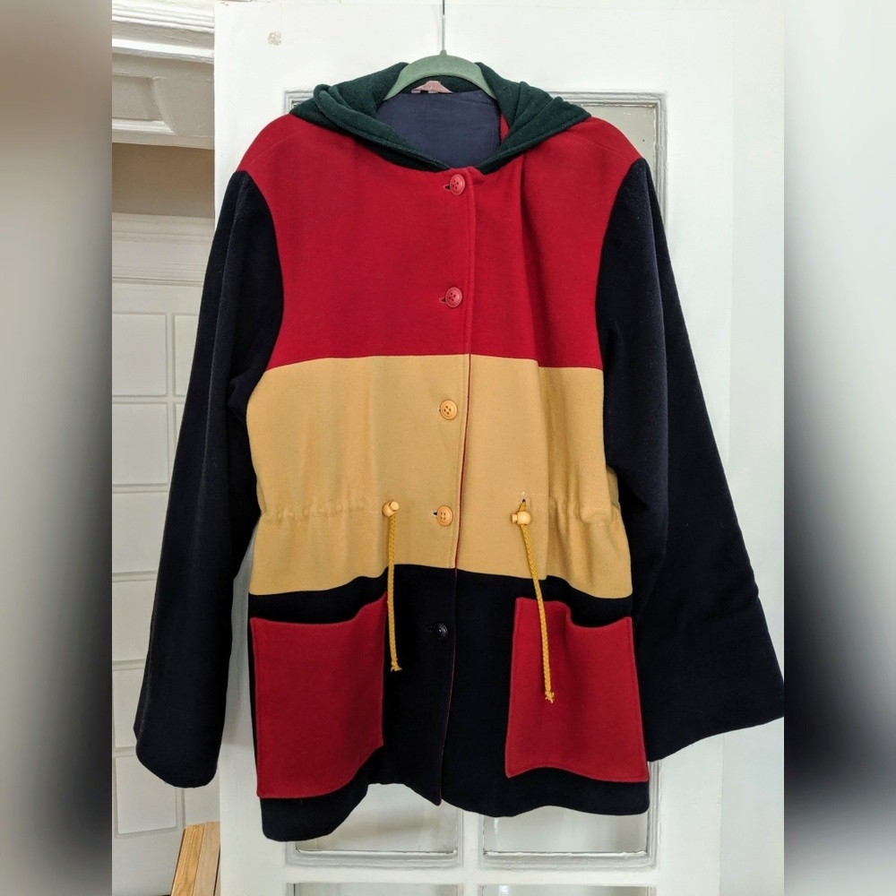 VINTAGE colorblock wool hooded coat size M/L